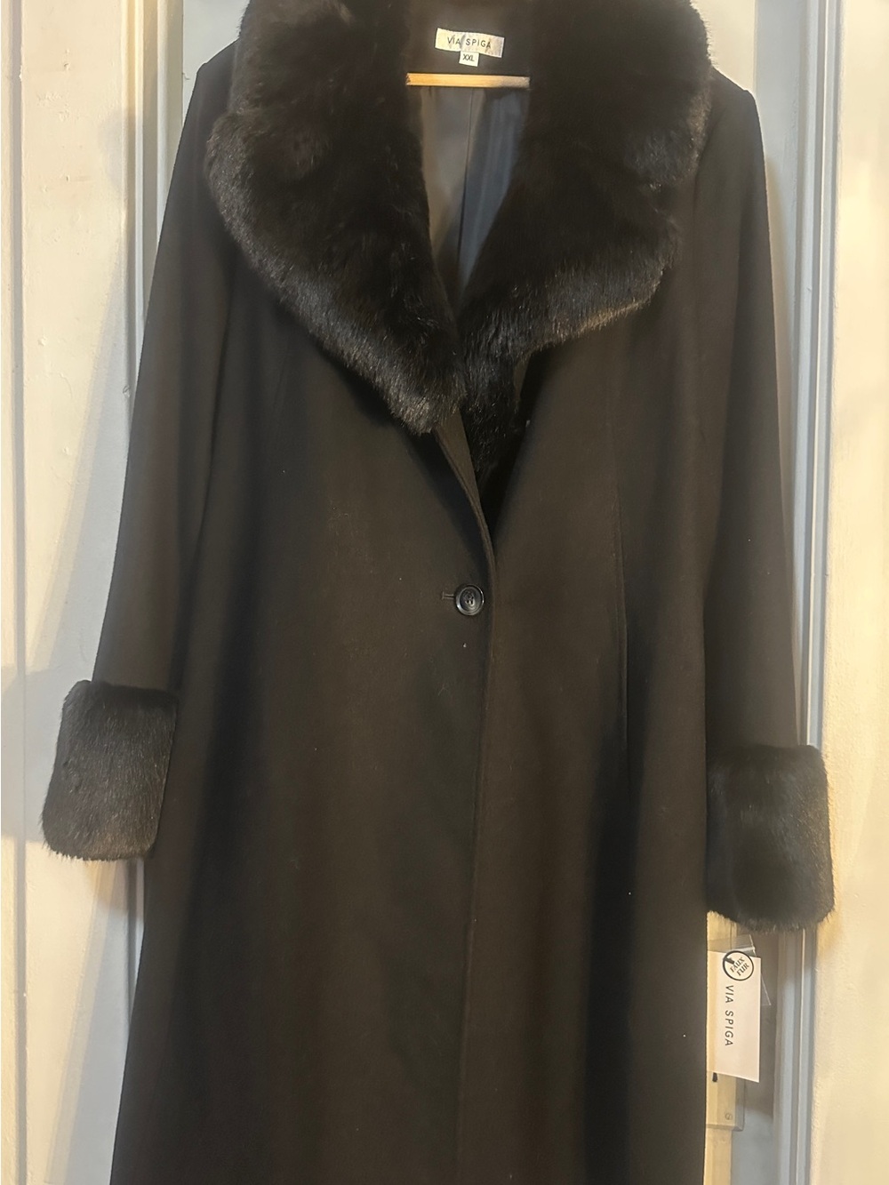 Via Spiga Black Wool Trench Coat with Fur Collar and Cuffs XXL